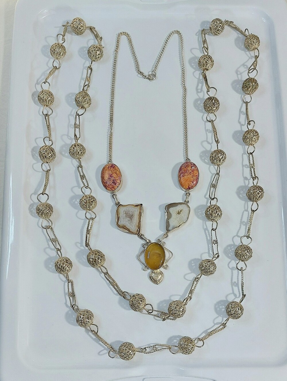 Silver Tone Natural Stone Necklace Strand Set